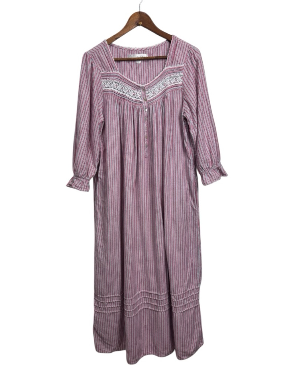 Eileen West Striped Pink Cotton Nightgown with Lace Yoke